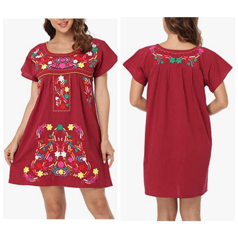Johnny Was Vibes Burgundy Multicolor Floral Embroidered Boho Dress Size XXL